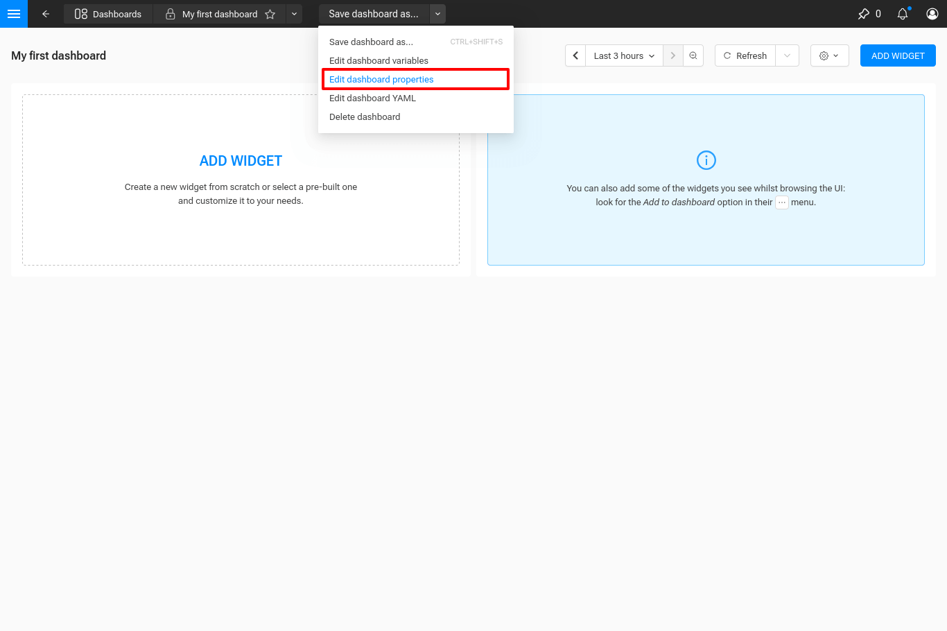 Standort der Dashboard-Eigenschaften bearbeiten